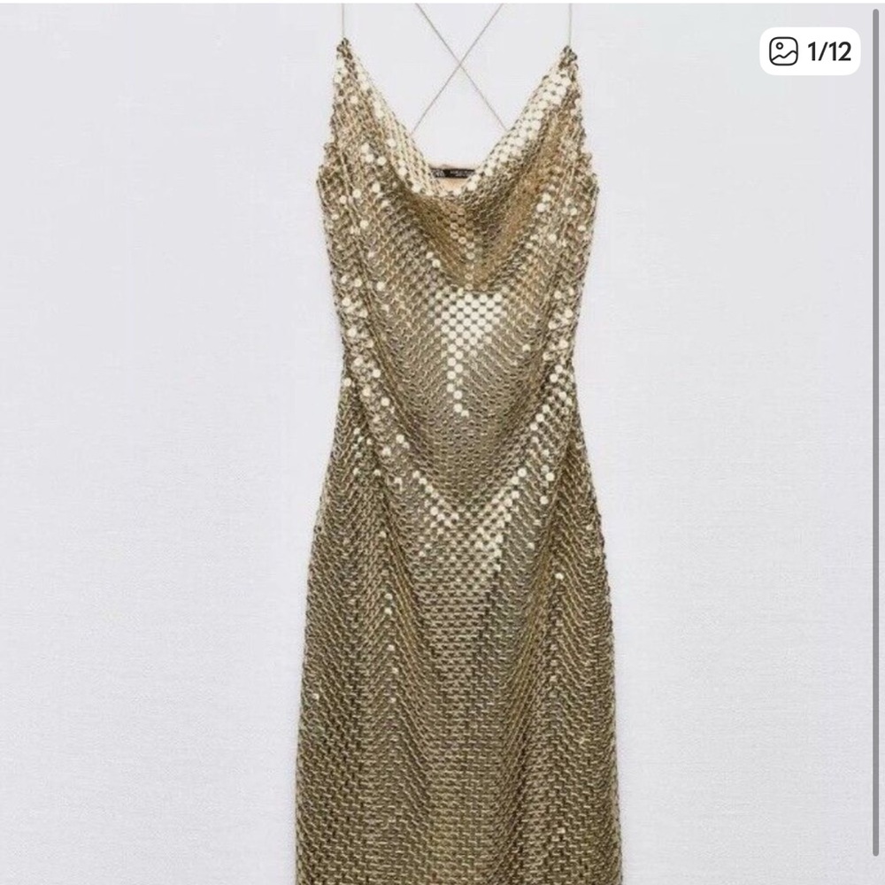 Zara Gold Sequin Mesh Slip Dress